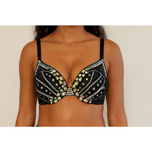 Oh Yes Rhinestone Jeweled Embellished M Black Bra NWT Mardi Gras Dancer Biker